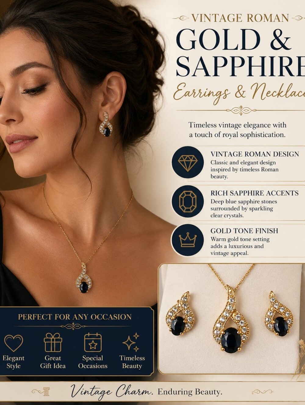 Vintage Roman Gold-Tone Blue Stone & Crystal Drop Earrings